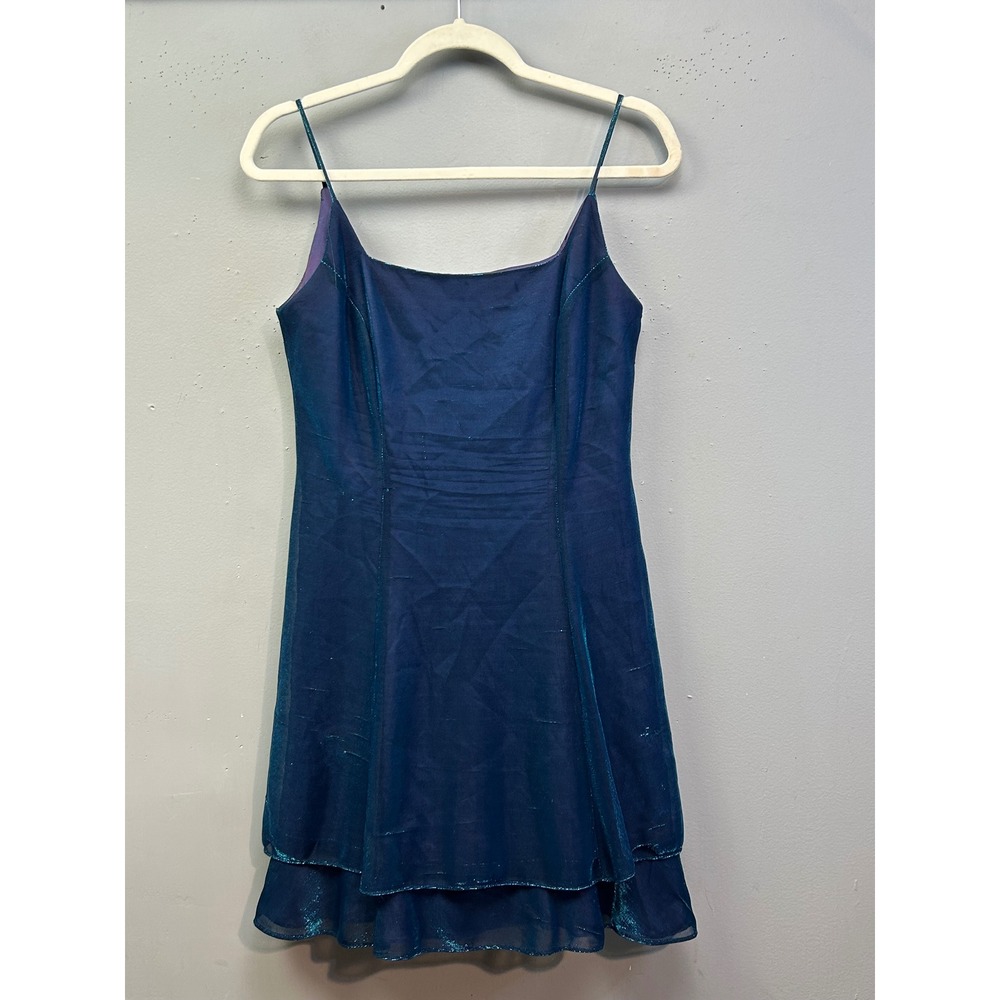 Steppin‎ Out Dress Womens 9/10 Blue Iridescent Fit Flare Tiered 90s Y2K Home